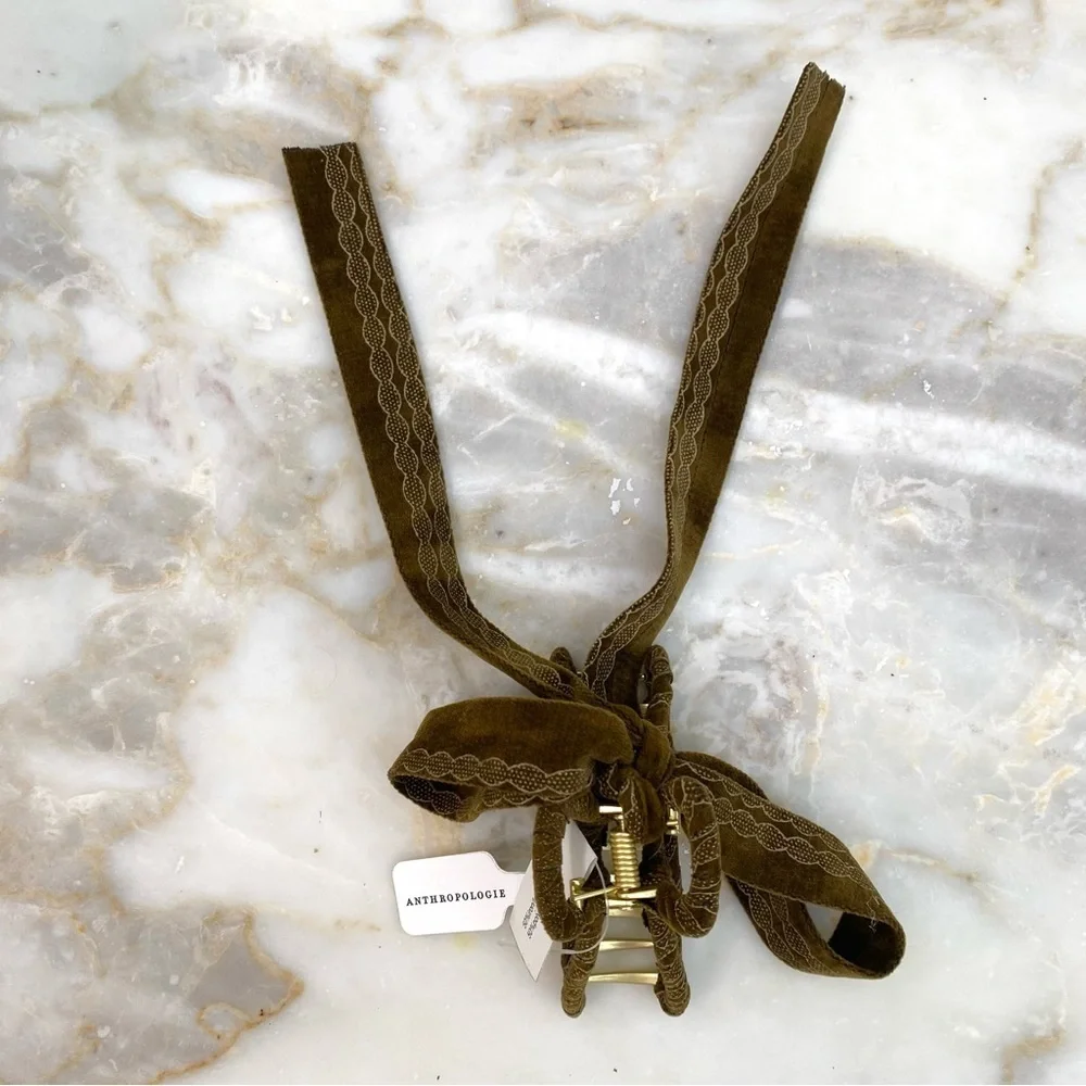 Anthropologie Set of 3 Ribbon Gold Claw Hair Clips Olive + Gray + Burgundy NWT
